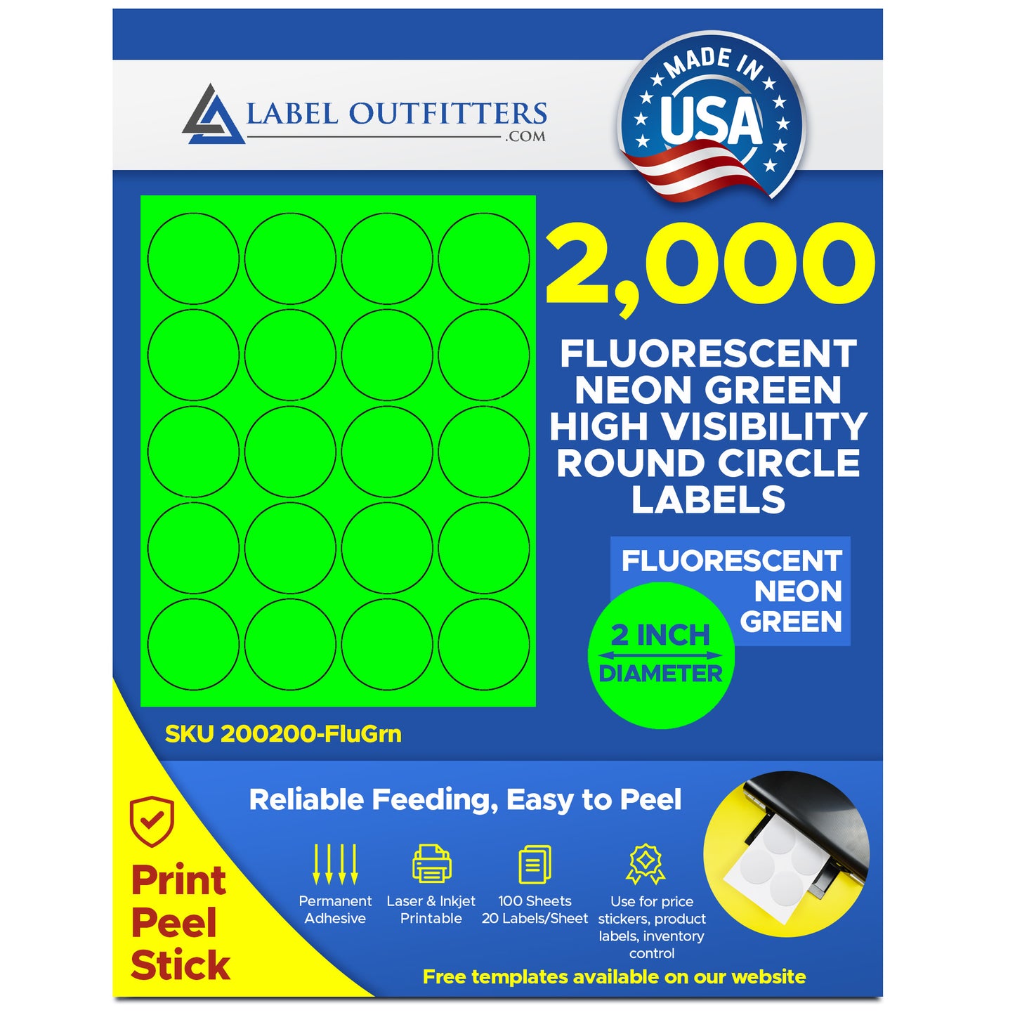 2,000 Round Fluorescent Neon Green Labels, 2 inch Diameter, 100 Sheets with 20 Labels per Sheet, Laser Printers Only