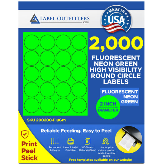 2,000 Round Fluorescent Neon Green Labels, 2 inch Diameter, 100 Sheets with 20 Labels per Sheet, Laser Printers Only