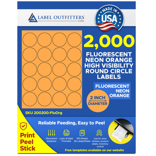 2,000 Round Neon High Visibility Orange Laser Only Labels, 2 inch Diameter, 100 Sheets with 20 Labels per Sheet