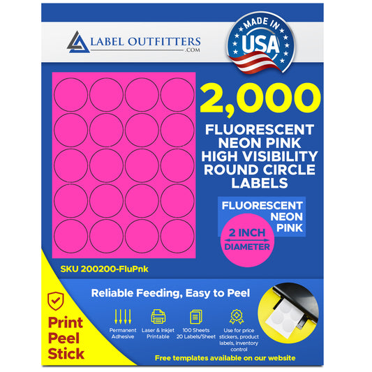 2,000 Round Fluorescent Neon High Visibility Hot Pink Laser ONLY Labels, 2 inch Diameter 100 Sheets
