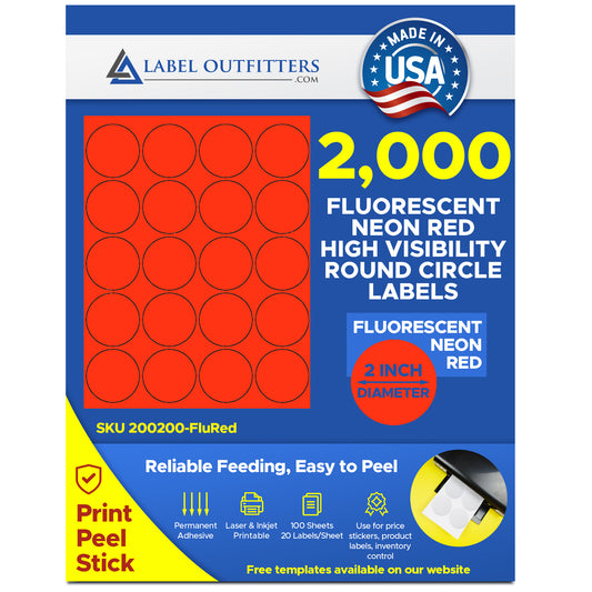 100 Sheets, 2,000 High Visibility Neon Red Laser ONLY Labels, 2 inch Diameter, 20 Round Labels per Sheet
