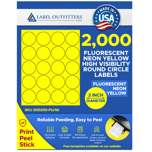 2,000 Fluorescent Neon Yellow Round Laser Only Labels - 2 inch Diameter - 100 Sheets with 20 Labels per Sheet