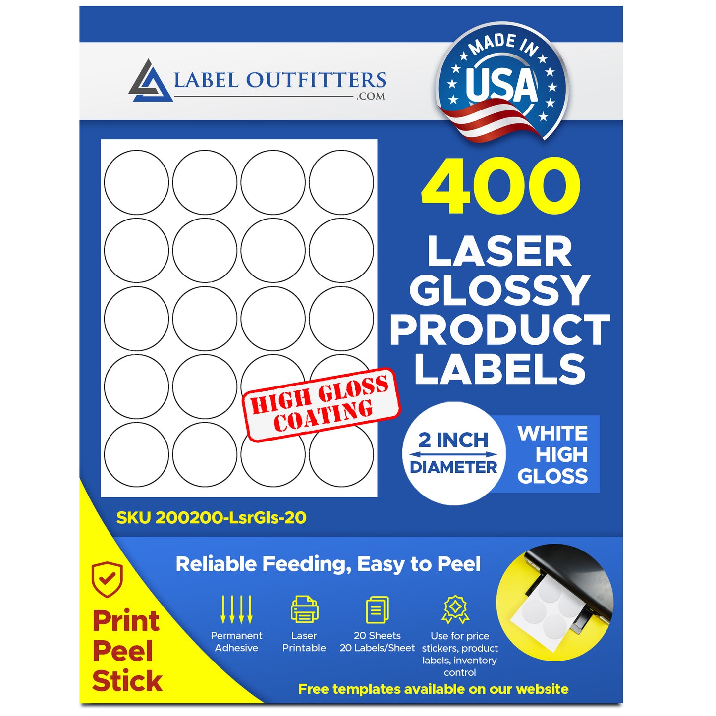 400 Laser ONLY Round Glossy White Labels, 2 inch Diameter, 20 Labels per Sheet, 20 Sheets
