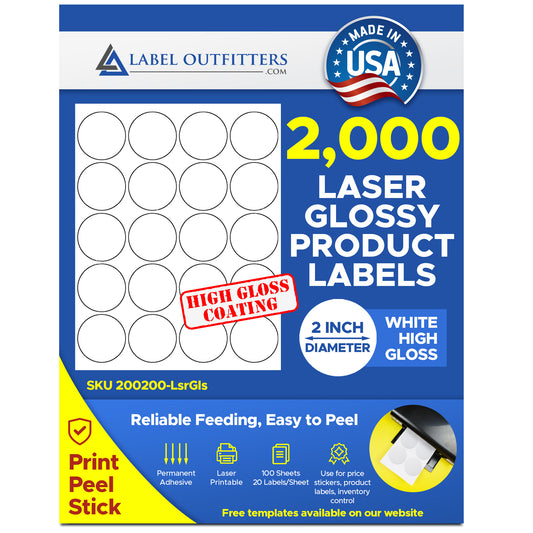 2,000 Round White Laser ONLY 2 inch Diameter Glossy Labels, 20 Labels per Sheet, 100 Sheets