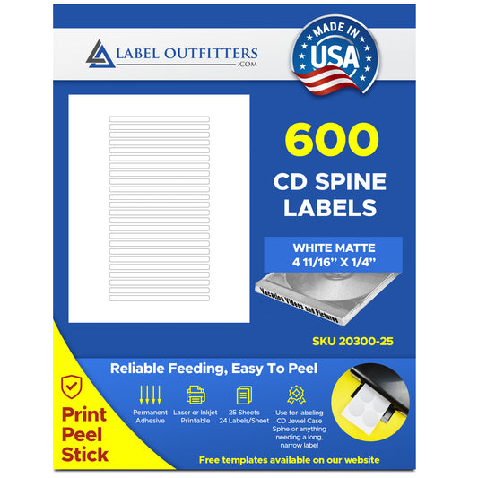600 CD, DVD Jewel Case Spine Labels, or CD, DVD Spine Labels, Inkjet and Laser Printable, 25 Sheets with 24 labels per Sheet