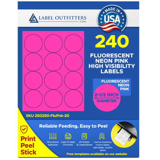 240 Fluorescent Neon Pink (Magenta) 2-1/2" Diameter Round Labels 12 Labels per Sheet 20 Sheets