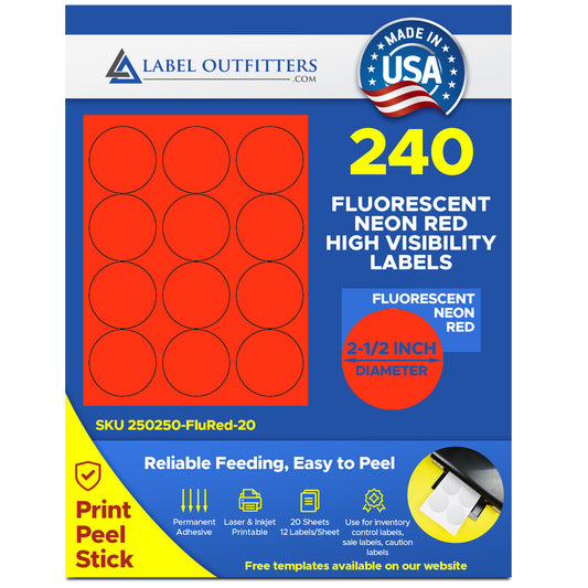 240 Round Fluorescent Neon Red 2-1/2" Diameter Labels 20 Sheets 12 Labels Per Sheet