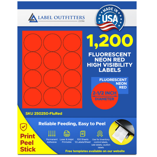 1,200 Fluorescent Neon Red 2-1/2" Diameter Round Labels 100 Sheets 12 Labels Per Sheet