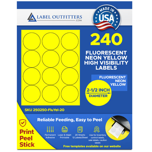 240 Neon Yellow Fluorescent High Visibility 2-1/2" Round Labels 20 Sheets 12 Labels Per Sheet