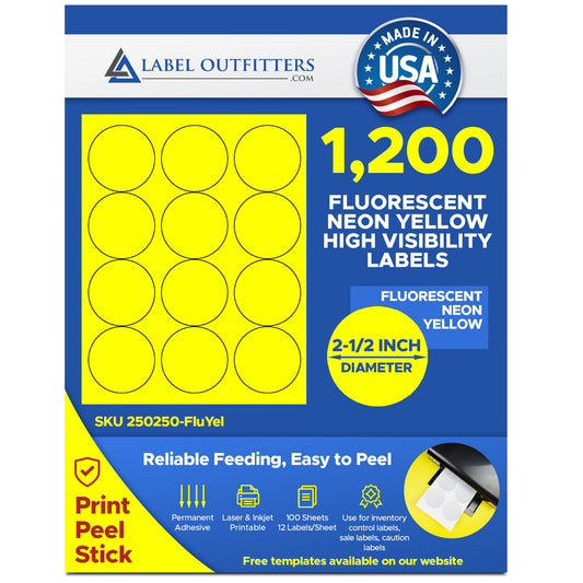1,200 Fluorescent Neon Yellow 2-1/2" Diameter High Visibility Labels 100 Sheets 12 Labels Per Sheet