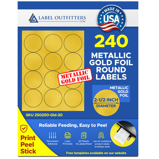 240 Round Gold Foil 2.5" Diameter Laser Labels 12 Labels per Sheet 20 Sheets