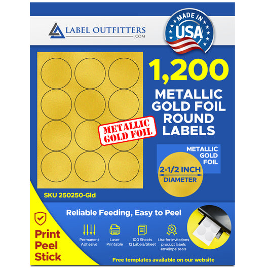 1,200 Gold Metallic Foil 2-1/2" Diameter Round Laser Labels 100 Sheets 12 Labels per Sheet
