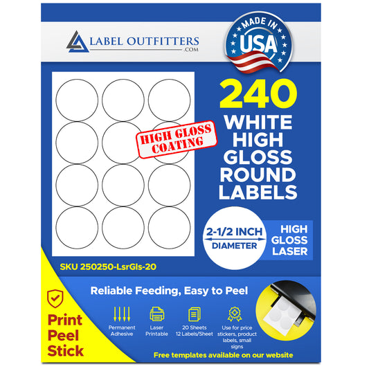 240 White High Gloss 2-1/2" Diameter Laser Labels 12 Labels Per Sheet 20 Sheets