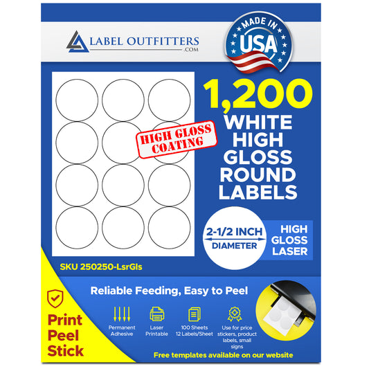1,200 White High Gloss 2-1/2" Round Laser 100 Sheets 12 Labels Per Sheet