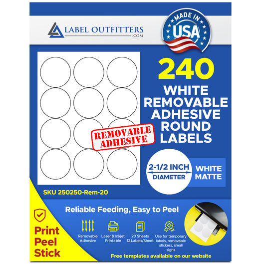 240 White Matte 2-1/2" Diameter Removable Adhesive Labels for Laser and Inkjet 20 Sheets 12 Labels Per Sheet