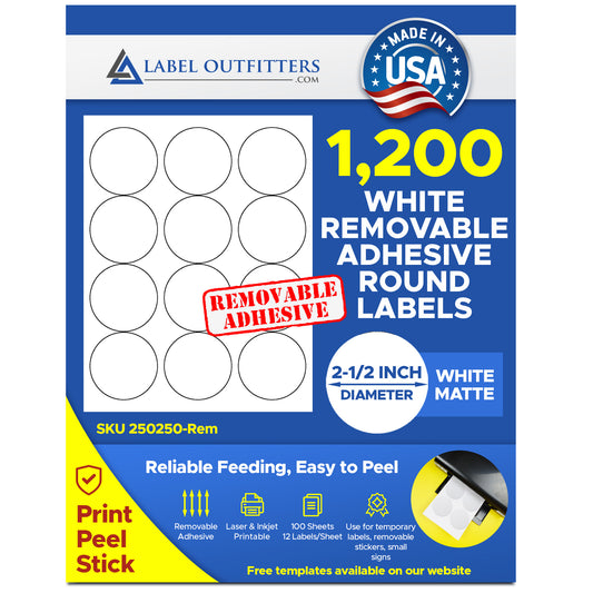 1,200 White Matte Laser and Inkjet Labels 2.5" Diameter Removable Adhesive 100 Sheets 12 Labels Per Sheet