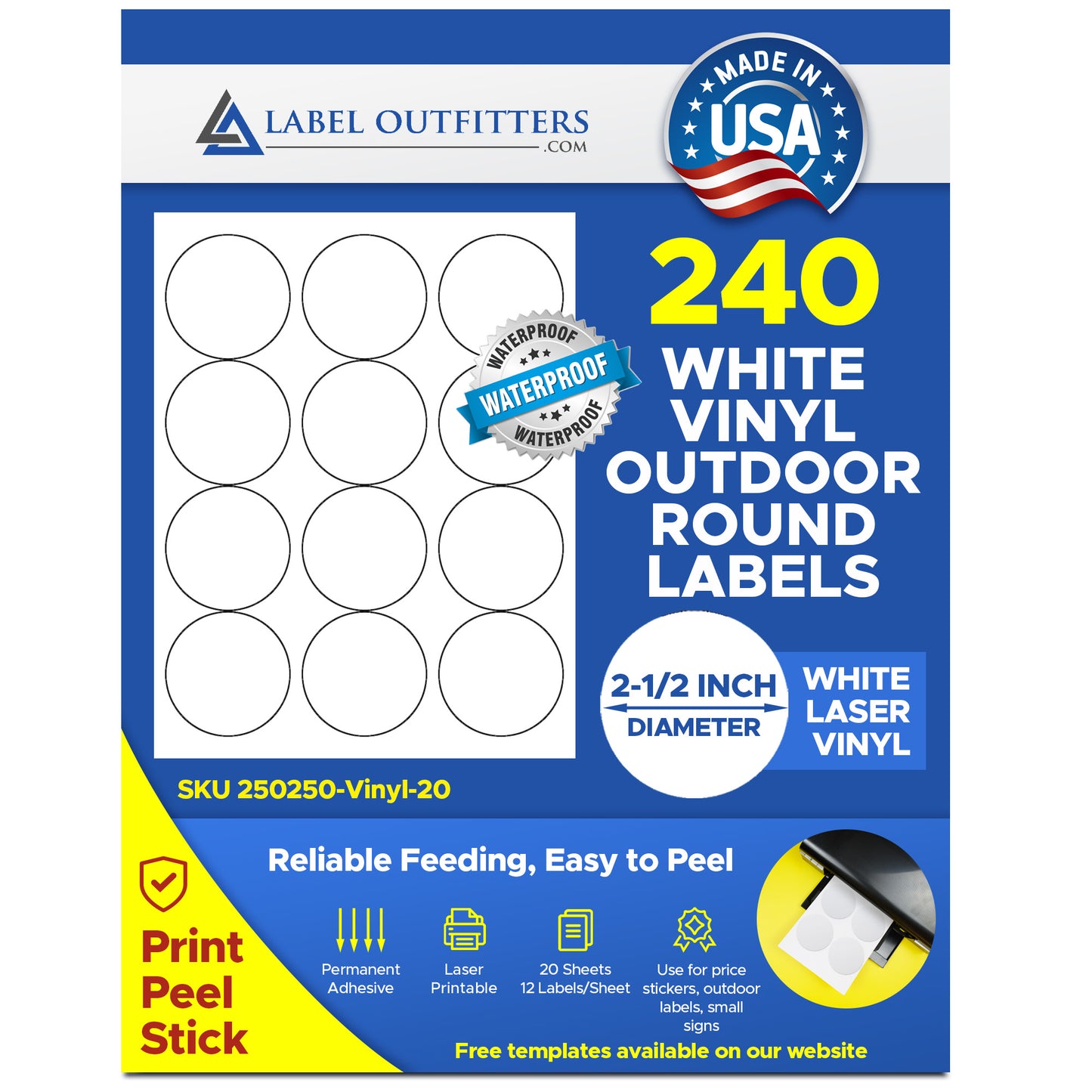 240 Heavy Duty Vinyl Outdoor Labels 2.5" Diameter 12 Labels per Sheet 20 Sheets