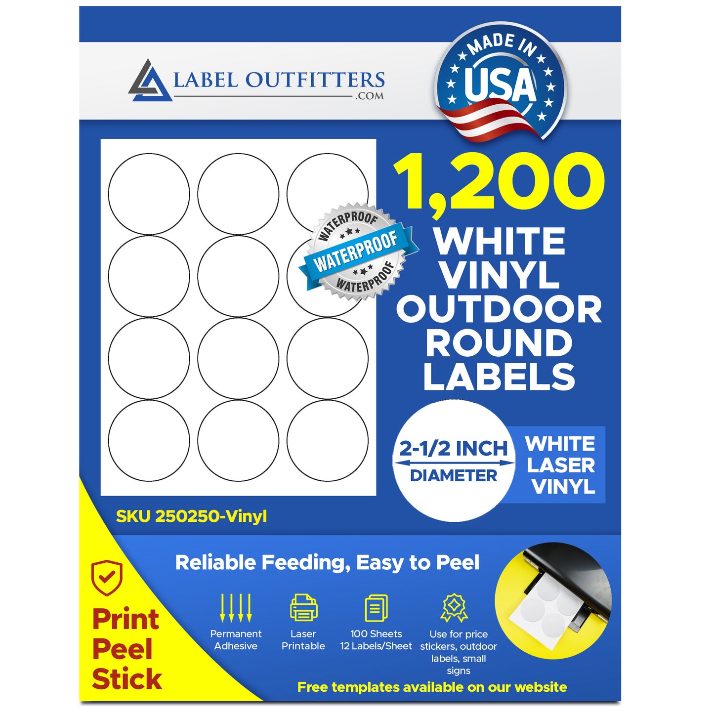 1,200 Heavy Duty White Vinyl Printable Outdoor Weatherproof Labels 2.5" 12 Labels per Sheet 100 Sheets