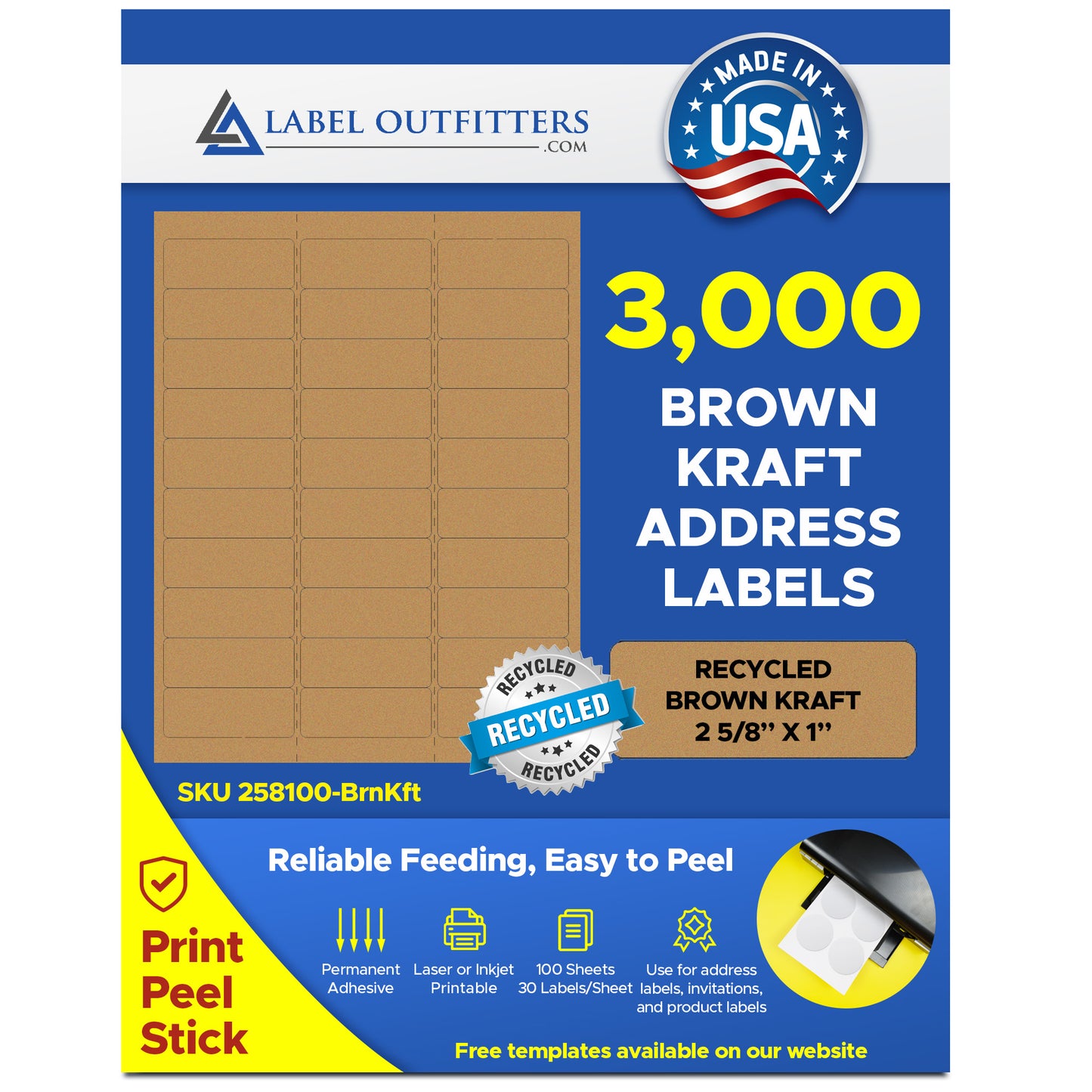 3,000 Brown Kraft Standard Address Size Labels, 2.5/8 x 1, use Avery® 5160 template, 30 Labels per Sheet, 100 Sheets