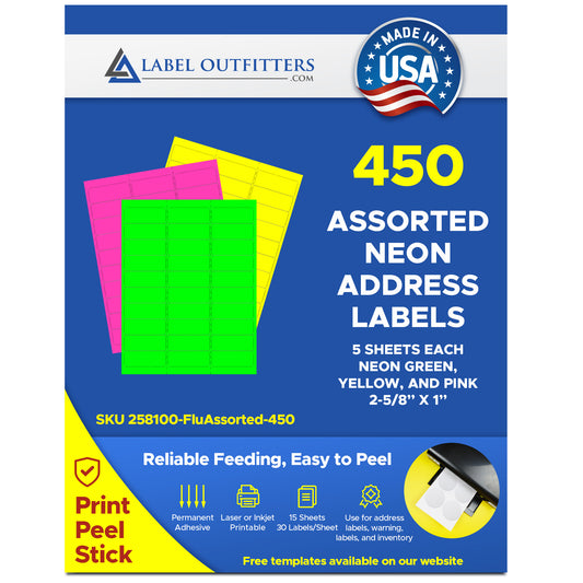 High Visibility Neon Labels, Rectangular 2 5/8" x 1" Address Sized, SAMPLE PACK! Green, Yellow & Pink, - 5 Sheets Each - 450 Labels