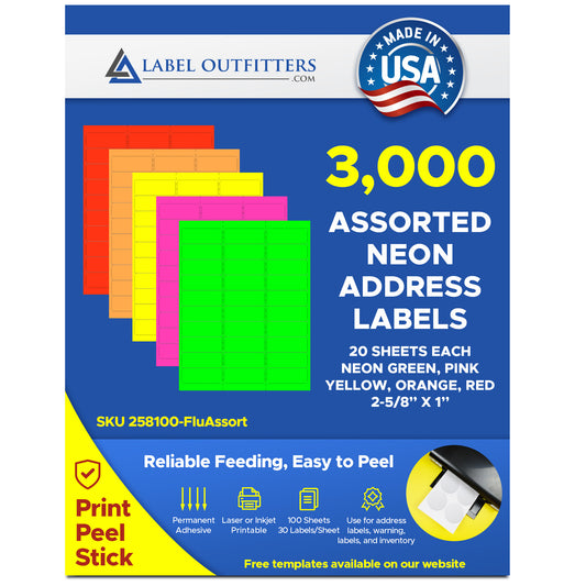 High Visibility Neon Labels, Rectangular 2 5/8" x 1" Address Sized, Five Assorted Colors! Green, Orange, Pink, Red & Yellow! 20 Sheets Each - 100 Sheets Total