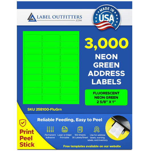 3,000 Label Outfitters® Neon Green 2-5/8 x 1 Labels, 100 Sheets use Avery® 5160, Compulabel® 311005 Template Laser Printers Only
