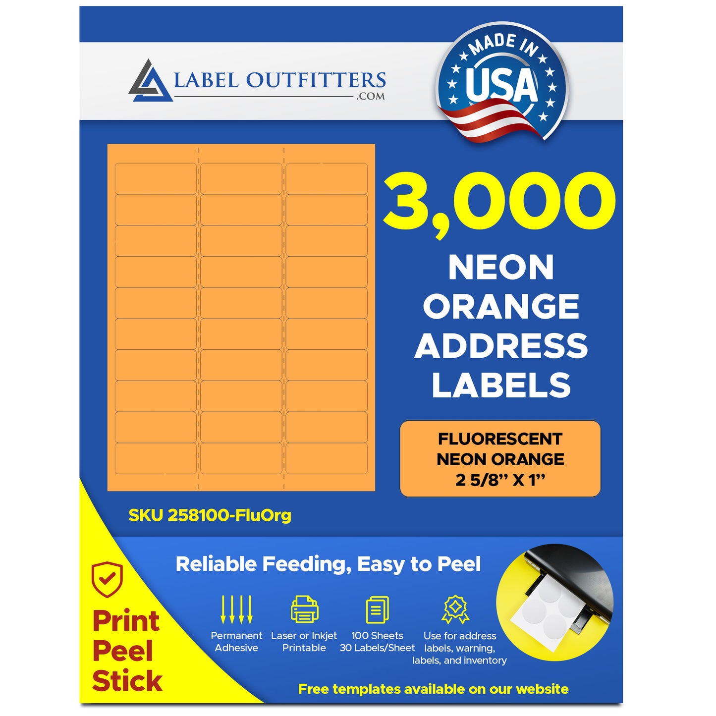3,000 Neon Orange Address Labels, 2-5/8 x 1, 100 Sheets with 30 Labels per Sheet, use Avery® 5160, Compulabel® 311207 Template Laser Printers Only