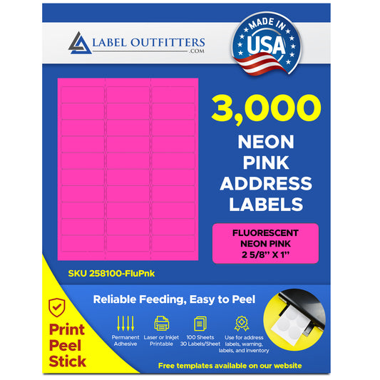 3,000 Label Outfitters® 258100-FluPnk Fluorescent Neon Pink or Magenta Labels 1 x 2-5/8, 100 Sheets, use Avery® 5160, Compulabel® 311051 Template Laser Printers Only