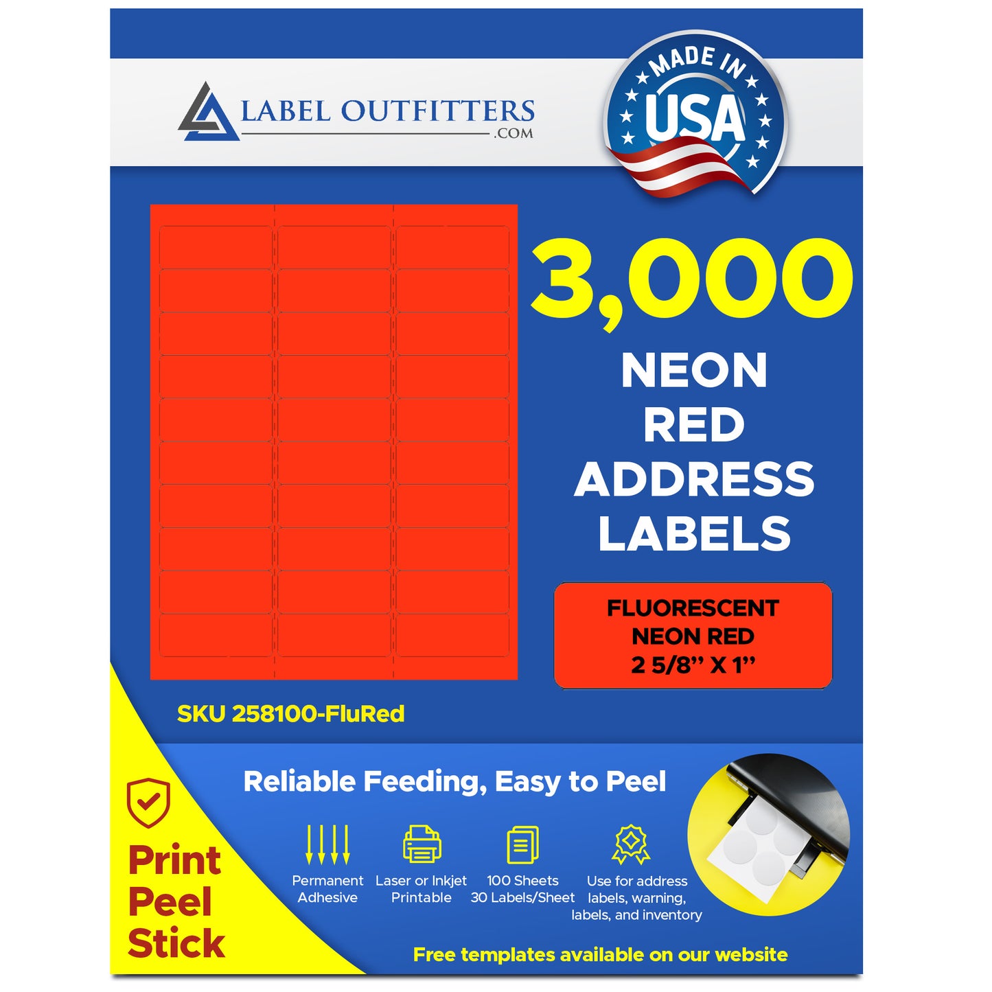 3,000 Neon Fluorescent Red Labels, 2-5/8 x 1, Laser Printers Only, 30 Labels per Sheet, 100 Sheets use Compulabel® 311106, Avery® 5160 Template