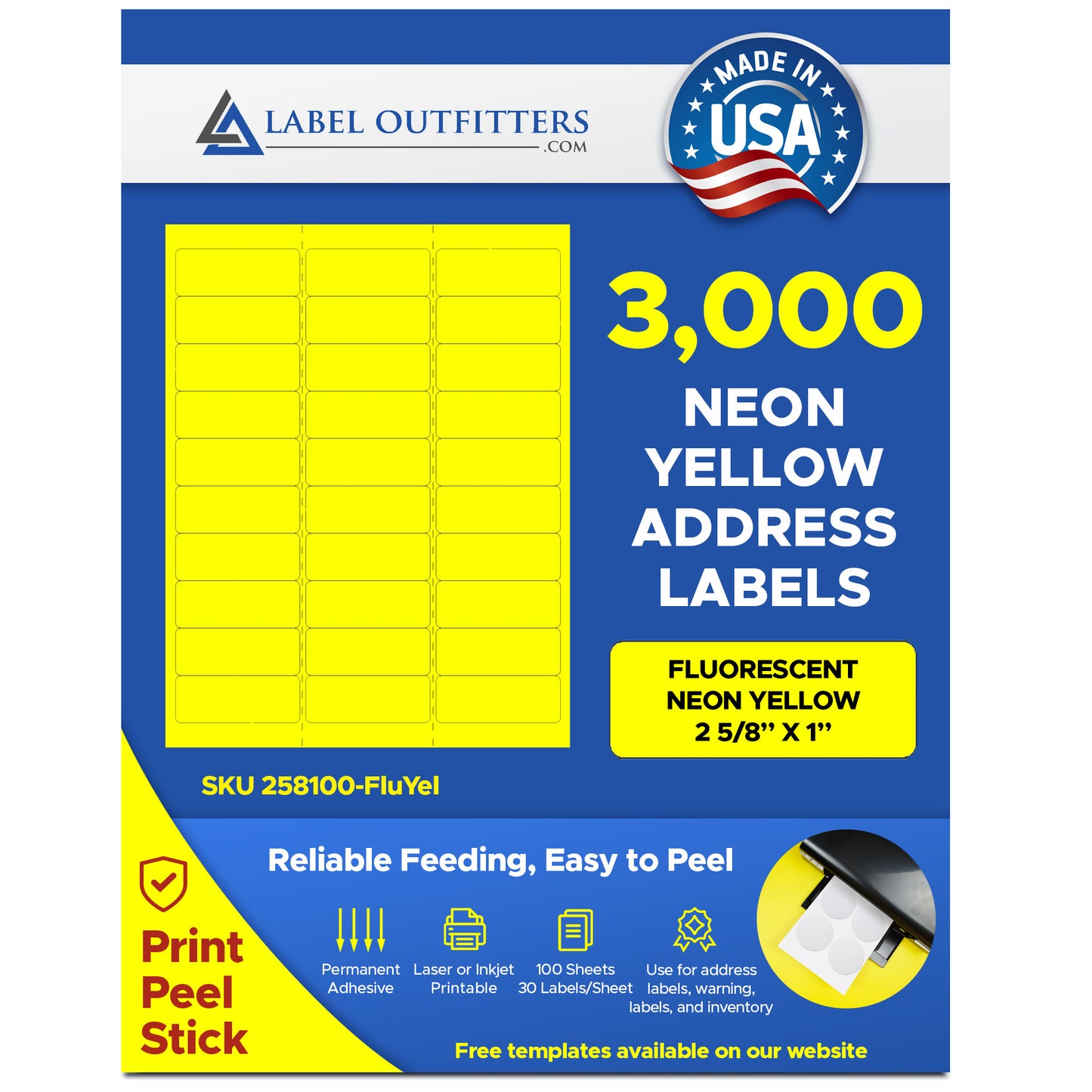 3,000 Fluorescent Yellow Address Labels, 1 x 2-5/8, 30 per Sheet, use Avery® 5160, Compulabel® 311152 Template Laser Only, 100 Sheets