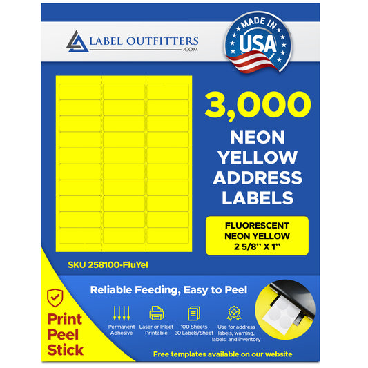 3,000 Fluorescent Yellow Address Labels, 1 x 2-5/8, 30 per Sheet, use Avery® 5160, Compulabel® 311152 Template Laser Only, 100 Sheets