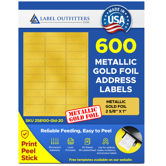 600 Metallic Gold Foil 2-5/8 x 1 Laser ONLY Address Labels, use Avery® 5160 template 20 Sheets with 30 Labels per Sheet