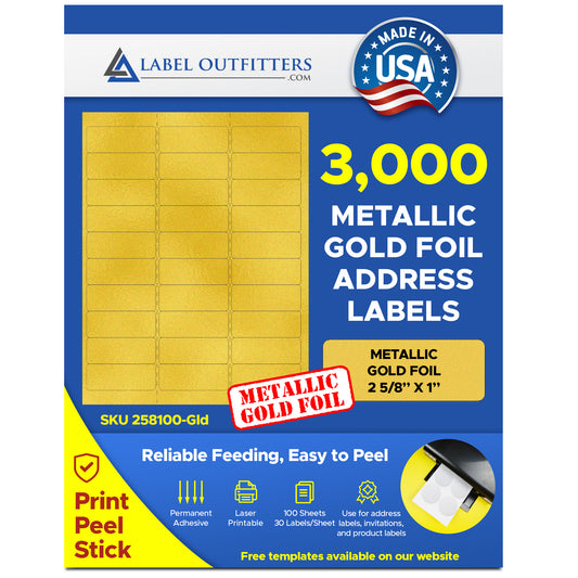 3,000 Gold Foil Labels 2-5/8 x 1, Laser ONLY use Uline S-10425, Avery® 5160 template - Standard Address Label, 100 Sheets with 30 Labels per Sheet