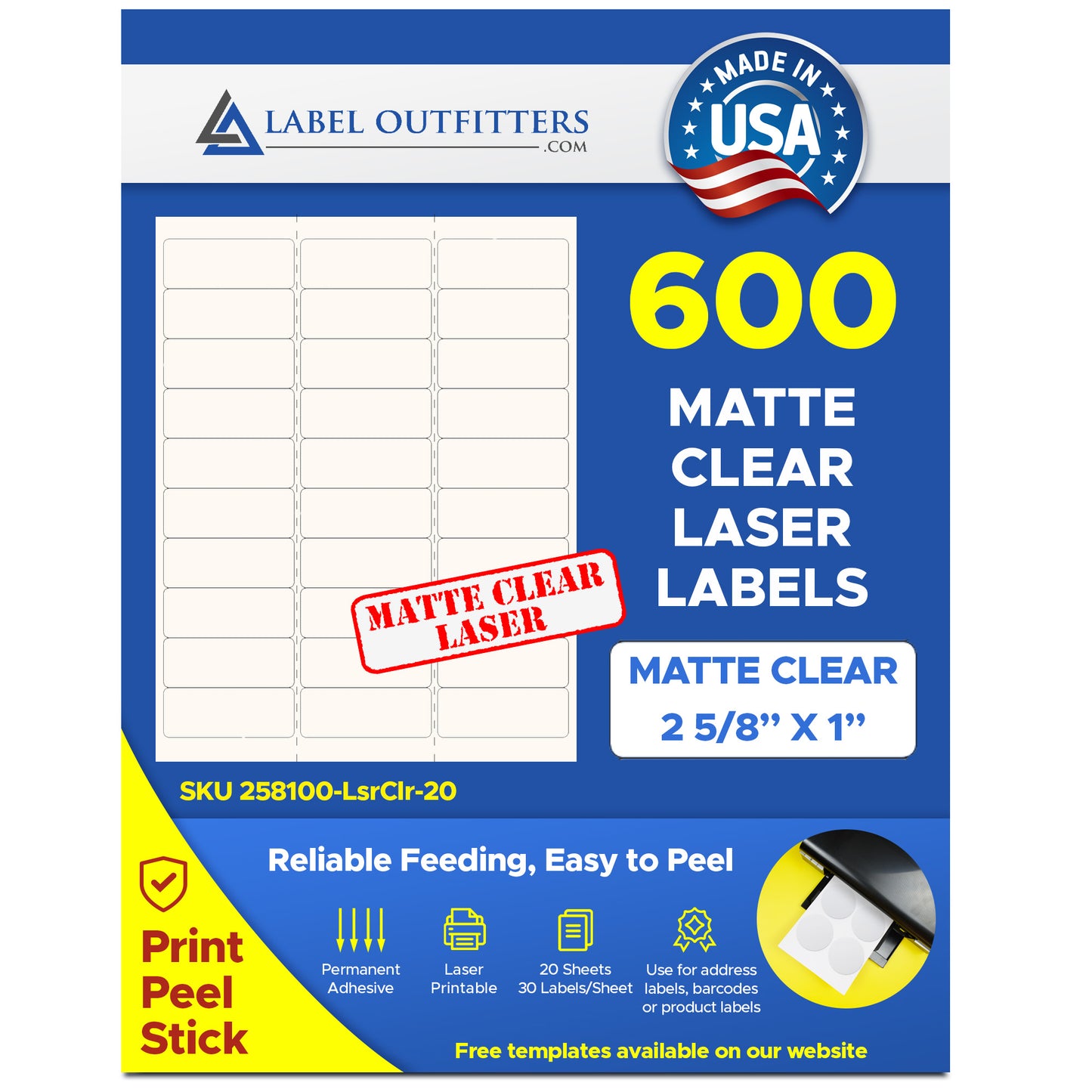 600 Matte Clear Mailing Labels, 2-5/8 x 1, 30 per Sheet, Laser Only use Avery® 5160, Compulabel® 370102 Template, 20 Sheets