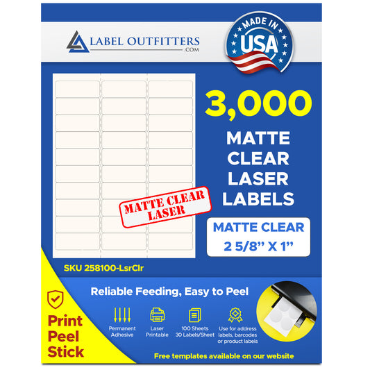 3,000 Laser Only Matte Clear Mailing Labels, 1 x 2-5/8 uses Avery® 5160, Compulabel® 370102 Template, 100 Sheets