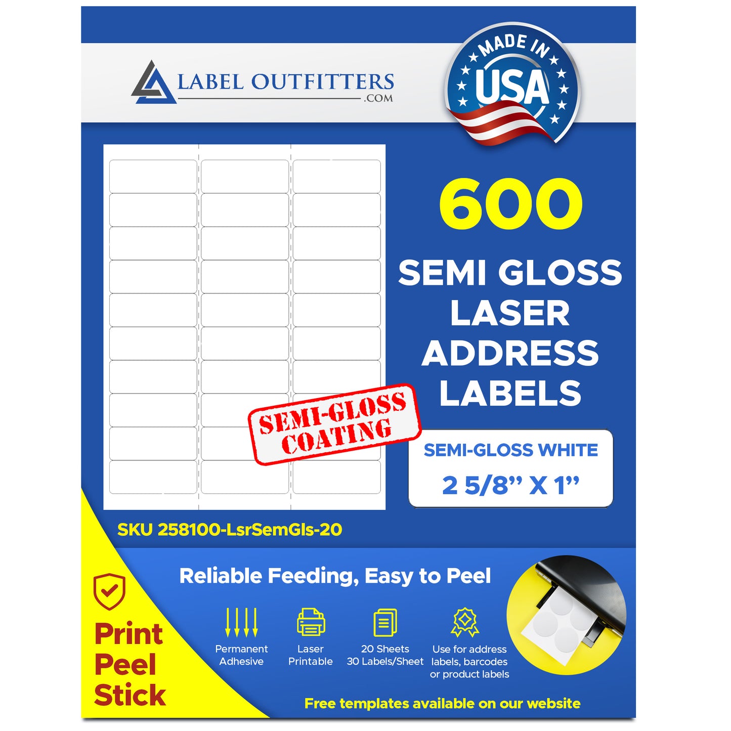 600 White Semi-Gloss Laser ONLY Mailing Labels, 2-5/8 x 1, 30 per Sheet, 20 Sheets use Avery® 5160 Template