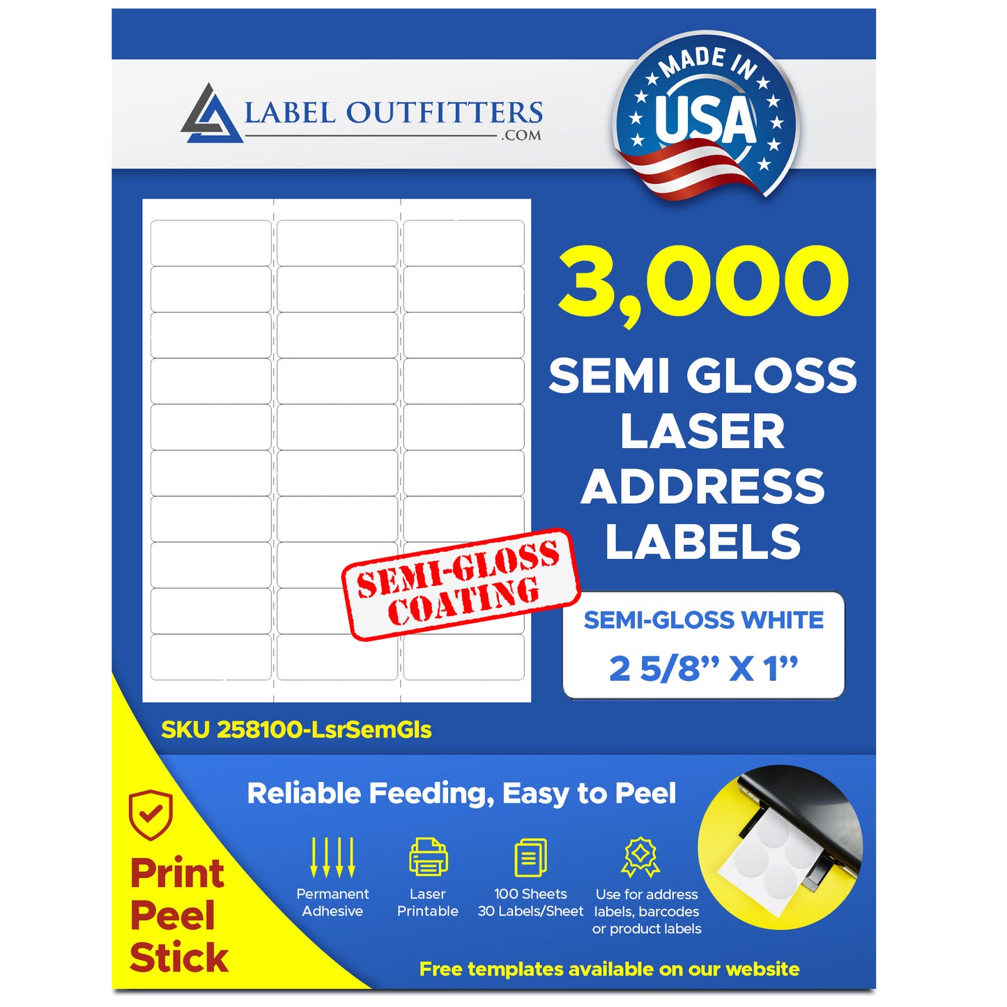 3,000 White Semi-Gloss Laser ONLY Mailing Labels, 2-5/8 x 1, 30 per Sheet use Avery® 5160 Template, 100 Sheets