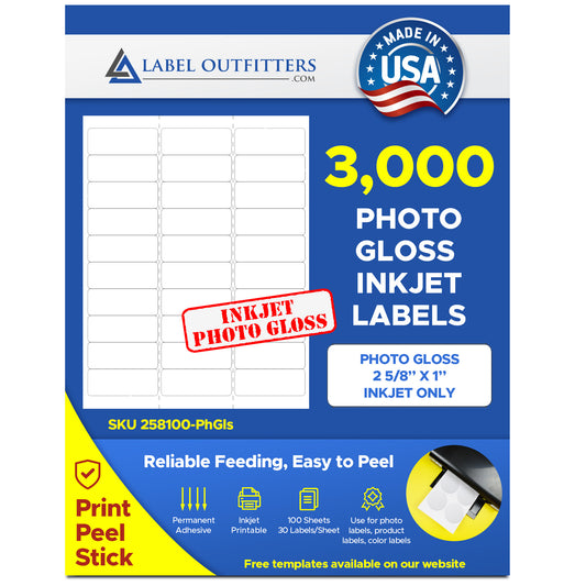 3,000 Inkjet ONLY Glossy Address Labels, 2-5/8 x 1, use Avery® 5160 Template, 30 Labels per Sheet, 100 Sheets