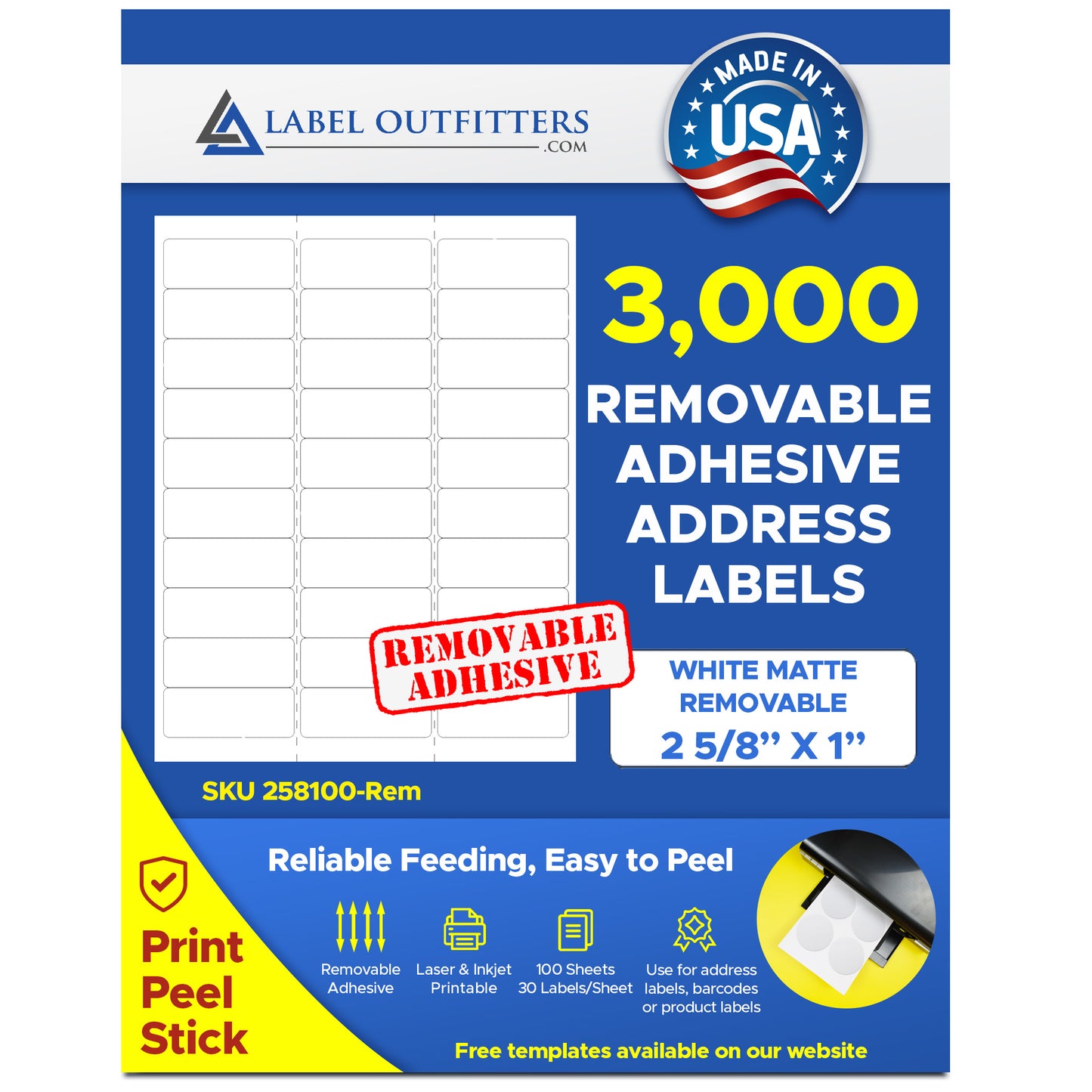 3,000 White Repositionable- Removable Adhesive White Matte for Laser and Inkjet Labels, 2-5/8" x 1" use Avery® 5160, Uline® S-8080, Compulabel® 310950 Template, 100 Sheets
