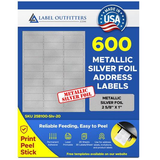 600 Glossy Silver Foil Labels, 1 x 2-5/8 Laser Printers ONLY, 20 Sheets, 30 Labels per Sheet use Avery® 5160 template