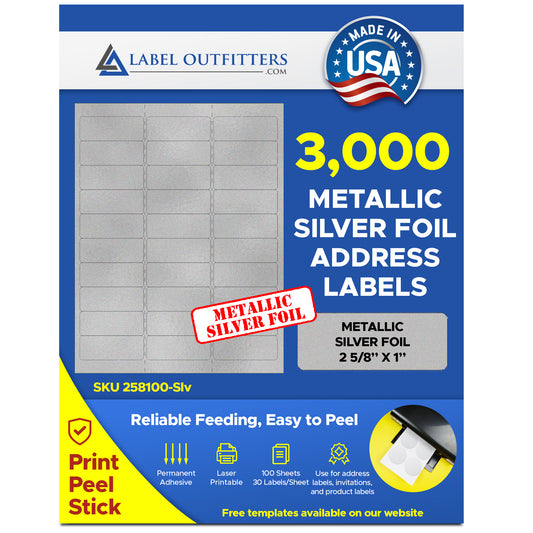 3,000 Metallic Silver Foil 2-5/8 x 1 Laser ONLY Labels, 100 Sheets, 30 Labels per Sheet use Avery® 5160 template