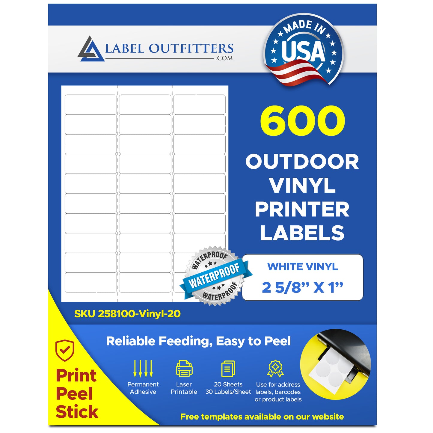 600 White Vinyl WeatherProof - WaterProof Durable Laser ONLY Labels, 2-5/8 x 1, 30 per Sheet, Avery® 5160 Template, 20 Sheets