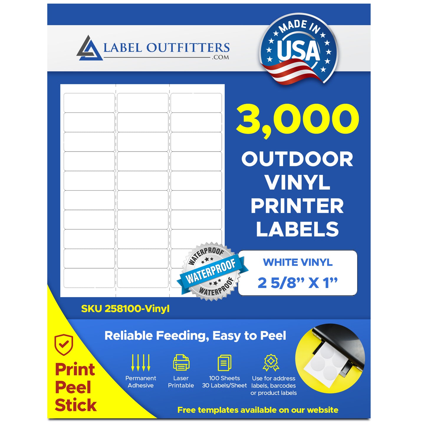 3,000 Durable Vinyl Laser ONLY White Durable Labels, WeatherProof and WaterProof, 2-5/8" x 1", 30 per Sheet, Avery® 5160 Template, 100 Sheets AVE5523, AVE6579, 5520