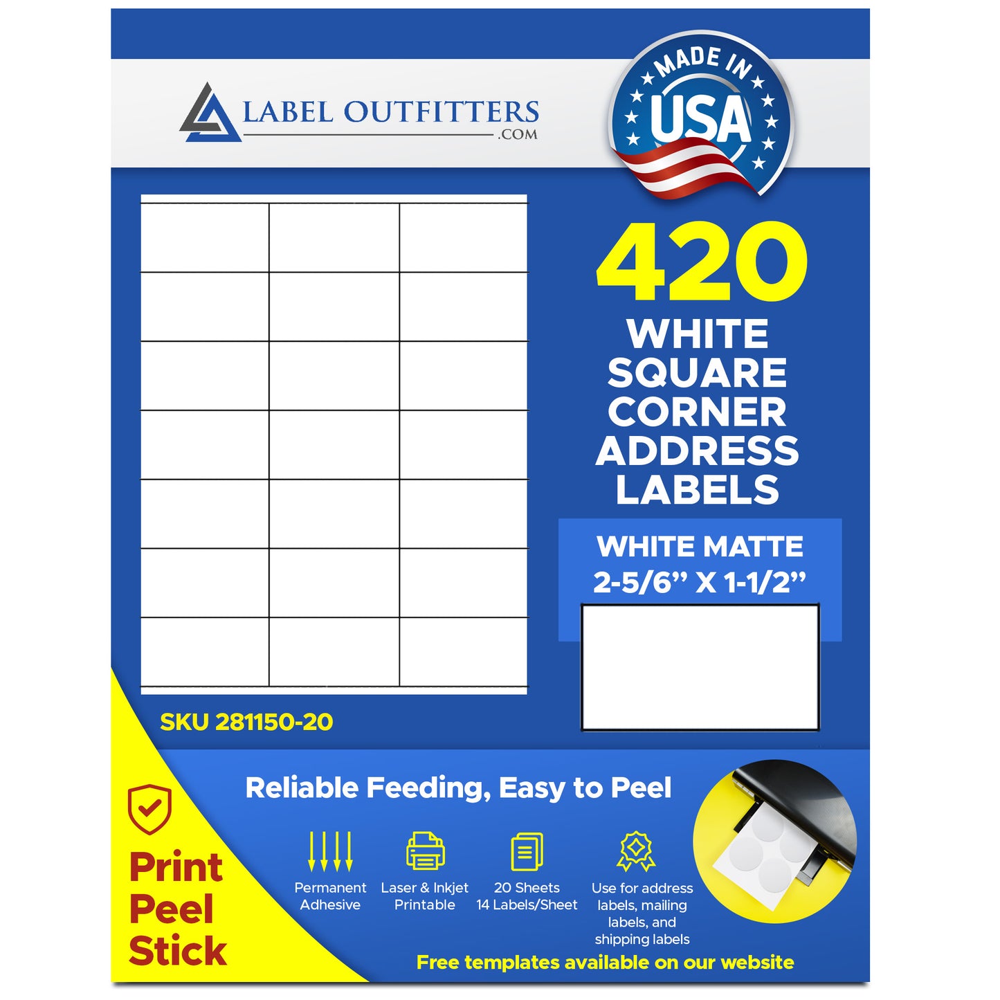 420 Square Corner Address Labels, 2.833 x 1.5, Same size as Avery® 5360 - 21 per Sheet, 20 Sheets
