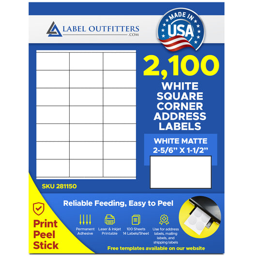2,100 Square Corner Address Labels, 2.833 x 1.5, 21 Labels per sheet, 100 Sheets Same size as Avery® 5360 Template