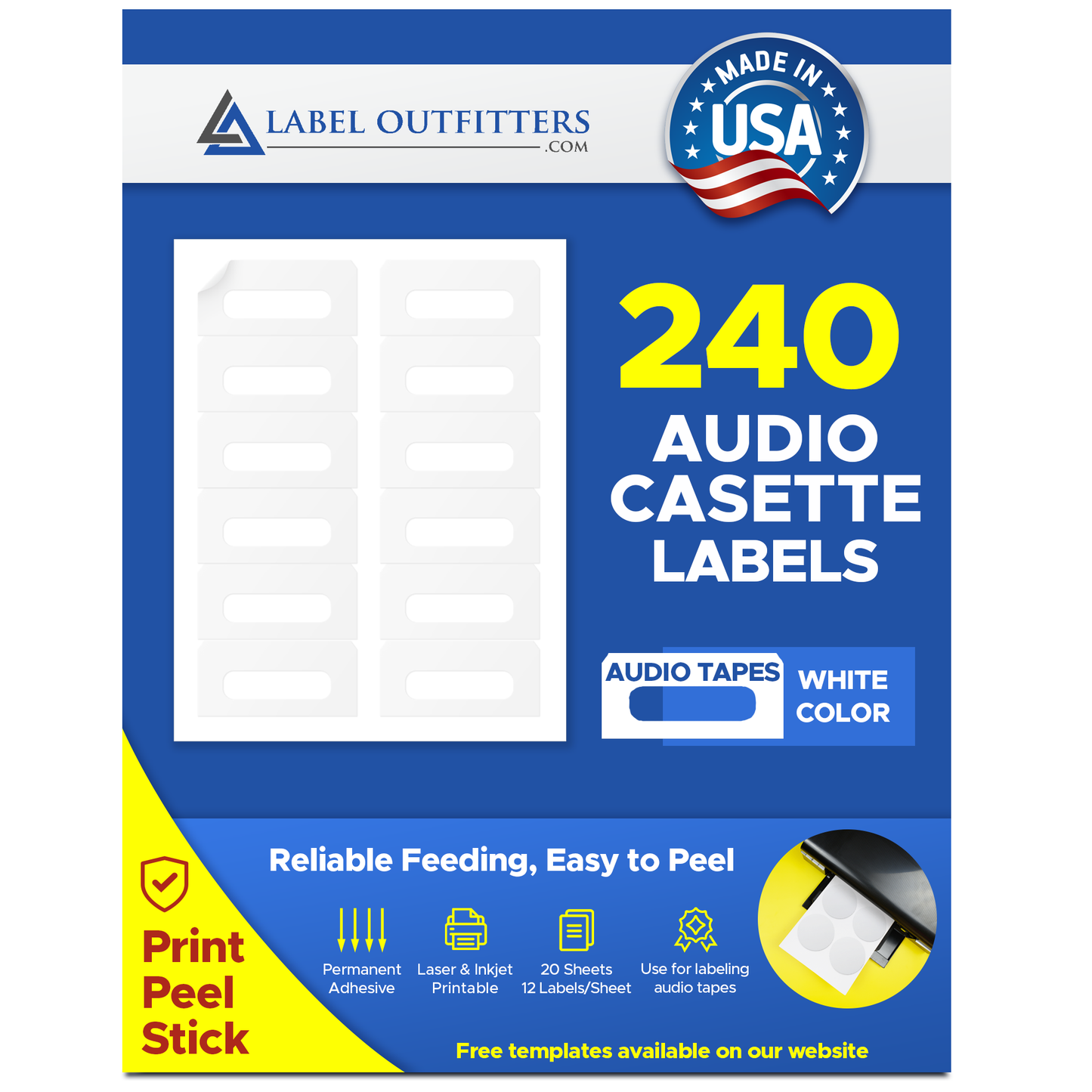 240 Compulabel® 311905 Audio Cassette Labels use Avery® 5198 Template, 12 White Matte Labels per Sheet, 20 Sheets