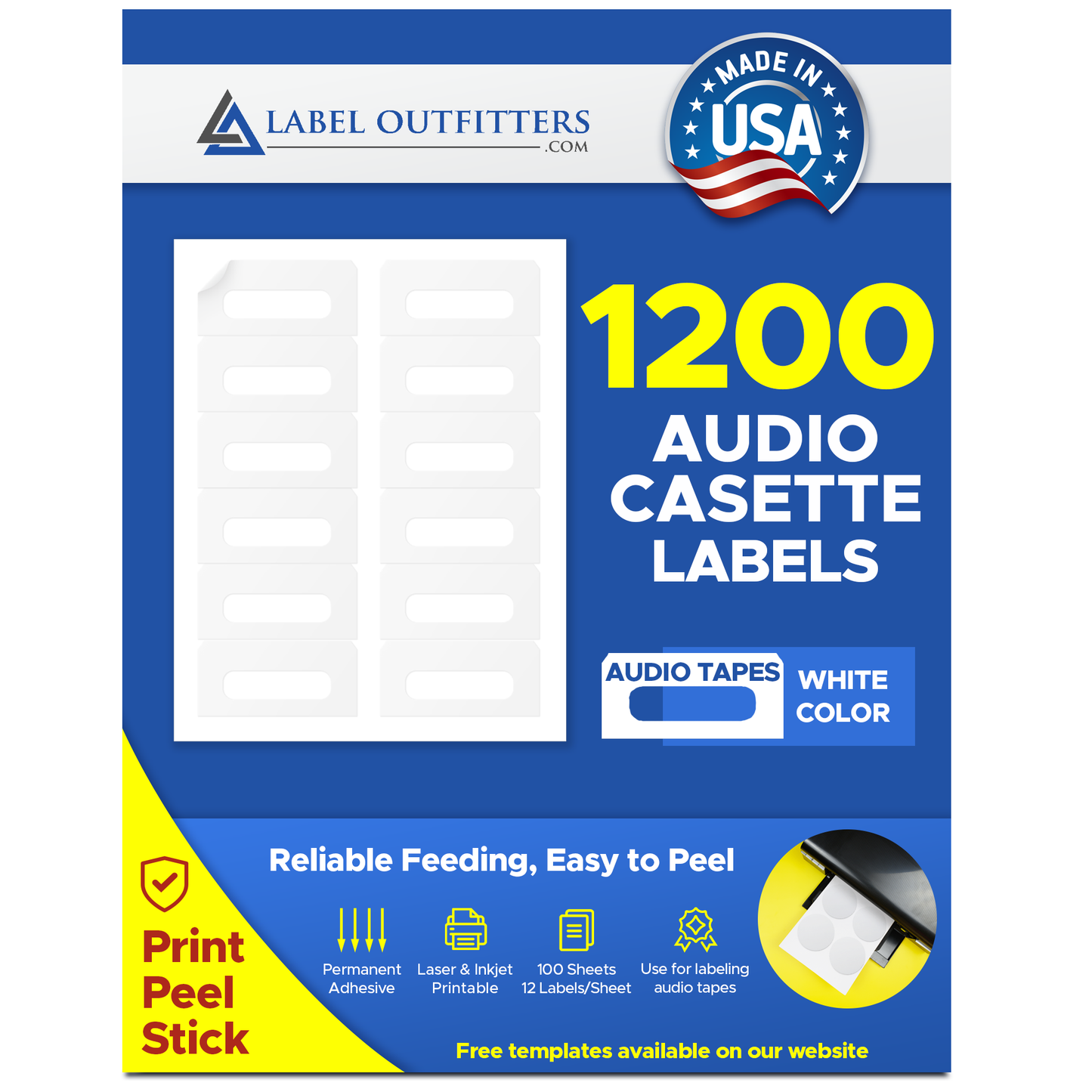 1,200 Compulabel® 311905 Audio Cassette Labels, 12 White Matte Labels per Sheet, 100 Sheets, use Avery® 5198 Template