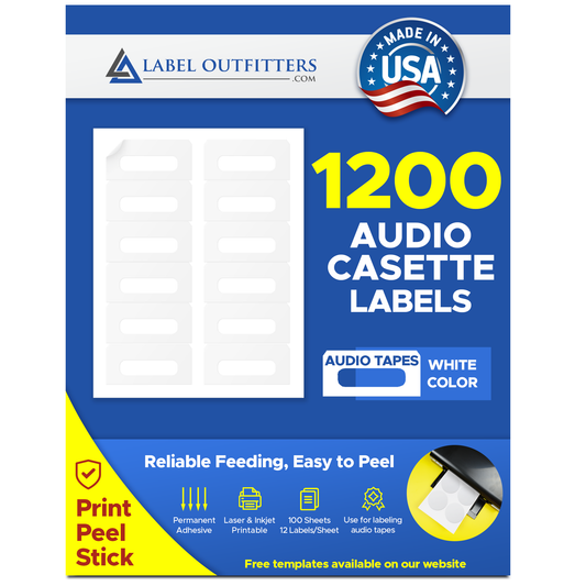 1,200 Audio Cassette Labels 311905 White Matte 12 Labels per Sheet 100 Sheets