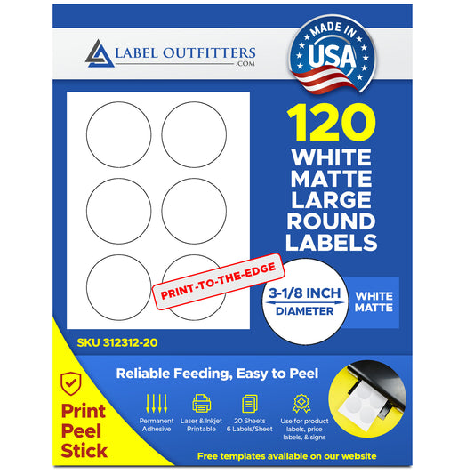 120 Round 3-1/8" Diameter White MatteLaser and Inkjet Printable Labels 6 Per Sheet 20 Sheets