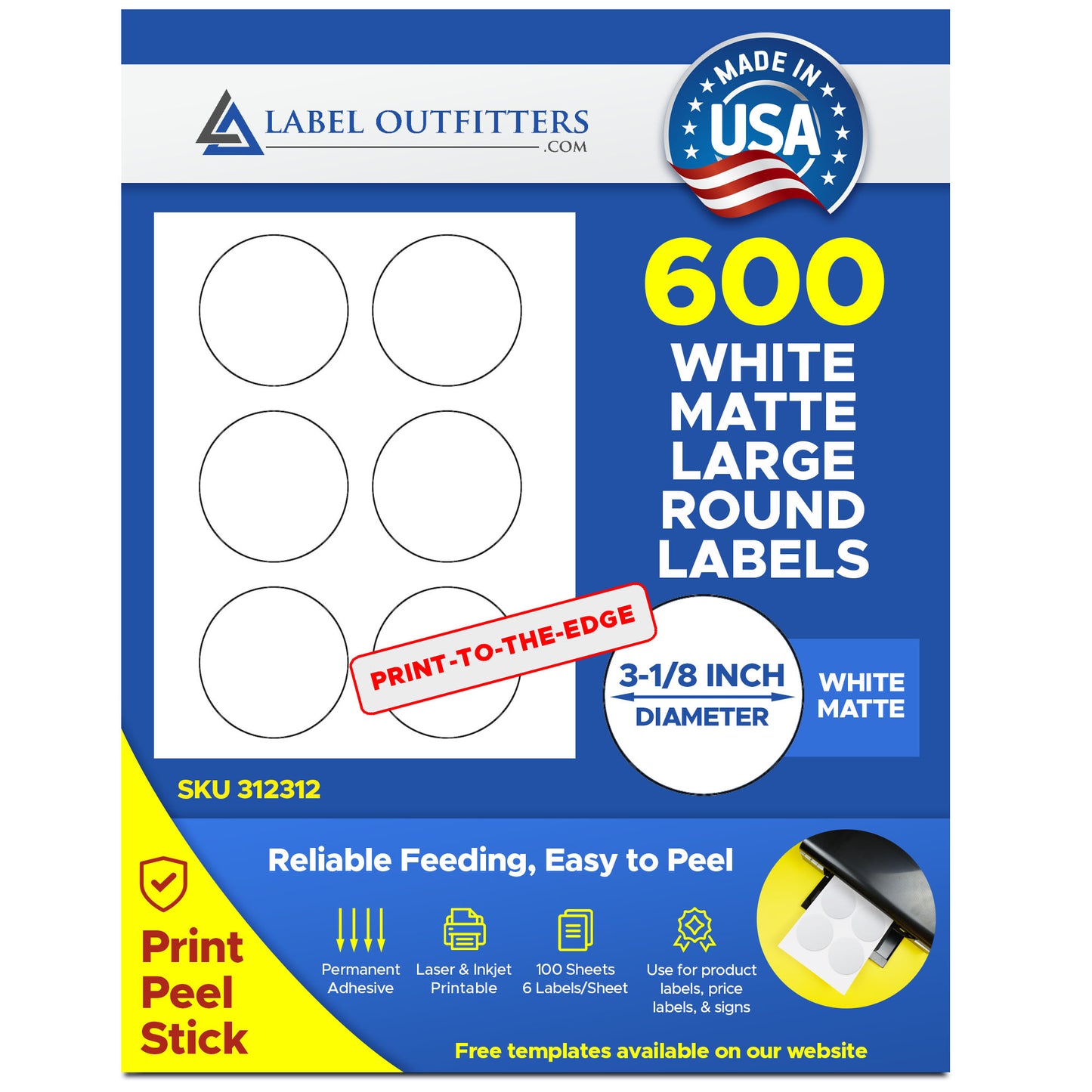 600 White Round Laser Inkjet Labels 3-1/8" Diameter 100 Sheets 6 Labels Per Sheet